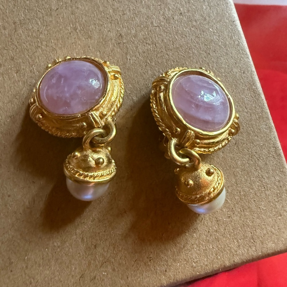 Purple stone and faux pearl dangle clip earrings elegant designer look HMR